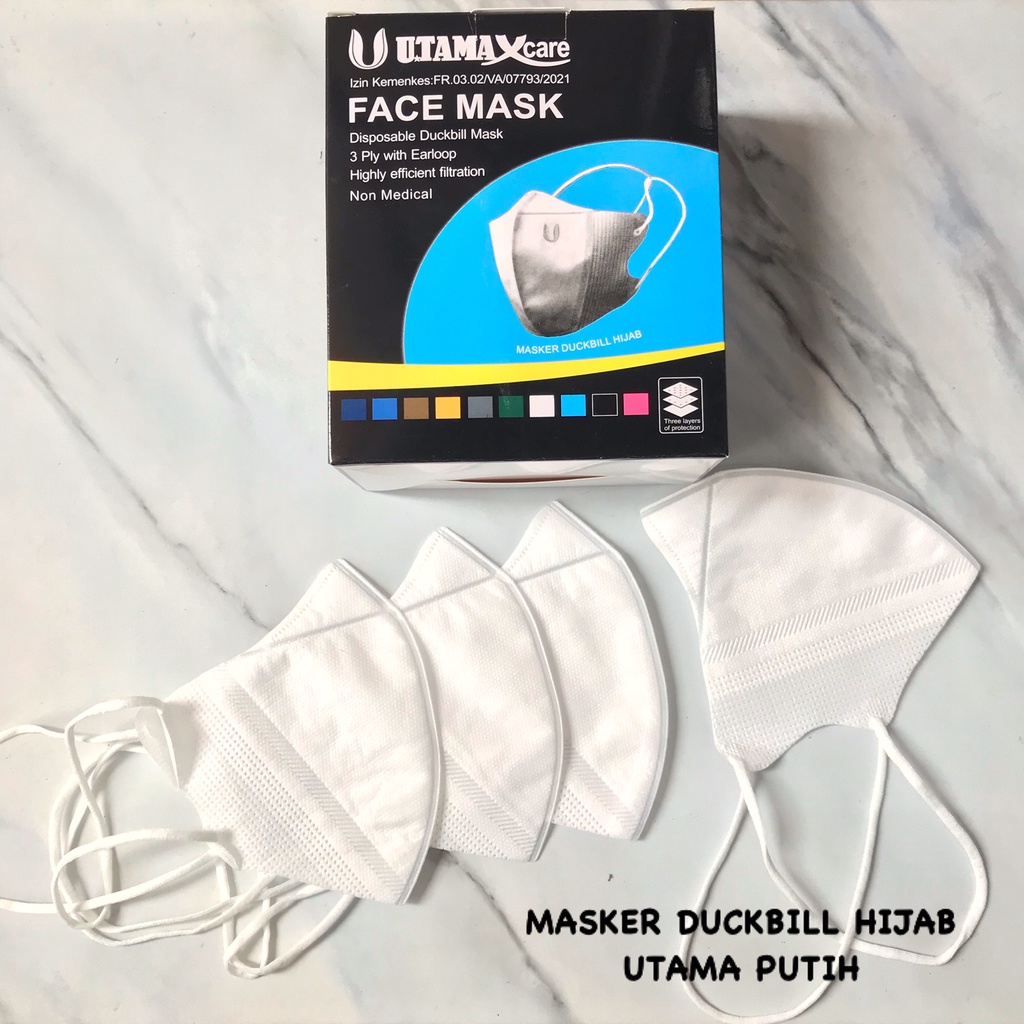 MASKER DUCKBILL HIJAB UTAMA EMBOS PUTIH 1 BOX ISI 50PCS