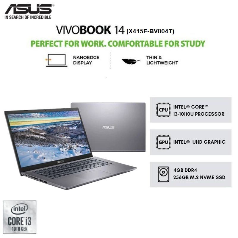 ASUS Vivobook X415FA-BV004T 14"HD/Core i3-10110U/4GB/SSD 256GB/Intel UHD Graphics/Windows 10 - Slate Grey