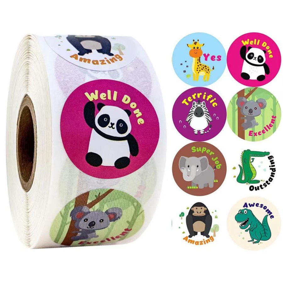 EM Stiker bulat roll kartun animal label reward anak isi 500