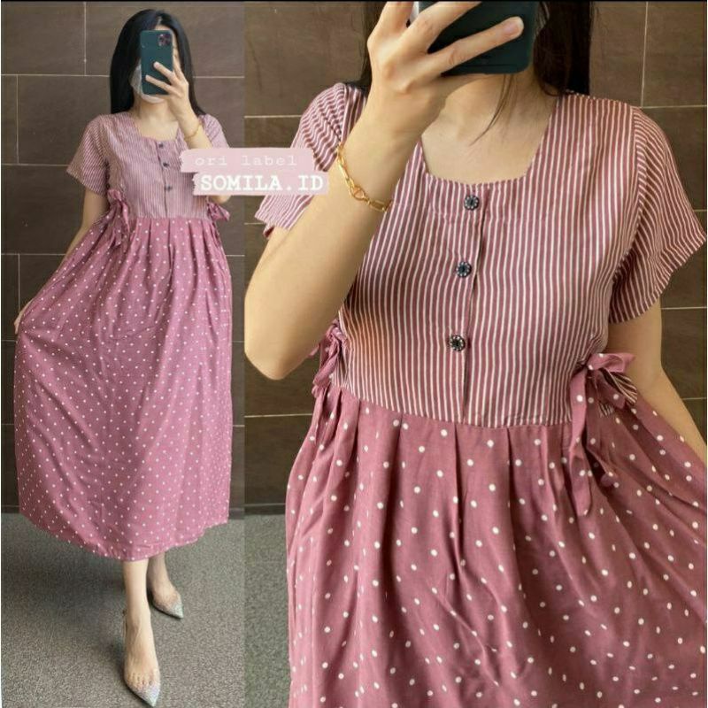 Daster Chibi Bahan Rayon Terbaru wanita Kekinian terlaris Busui lengan pendek motif polka mix salur