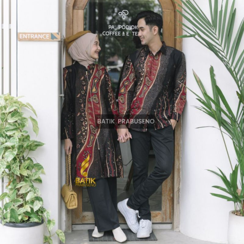 Batik Prabuseno Couple Motif Gusti Lengan Panjang Kemeja Hem Atasan Tunik Pria Wanita Modern Pasanga