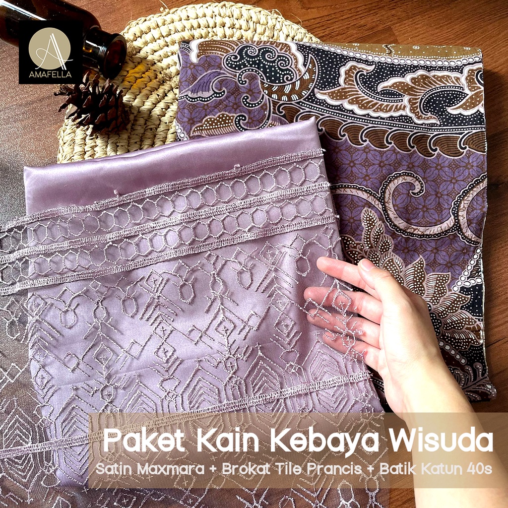 Paket Kain Kebaya Wisuda Seragaman Premium Bridesmaid Lamaran Keluarga Lengkap Satin Brokat Batik Warna Rich Lilac / Taro