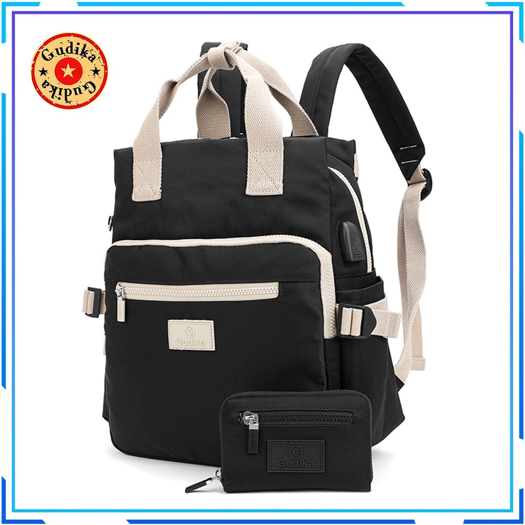 GUDIKA 5227 - Tas Ransel Laptop USB Set Dompet Wanita Pria Kekinian Import Original Terbaru Bahan Nilon Waterproof Anti Air Backpack Premium Korea bisa muat banyak barang banyak - tas wanita - tas cewek - tas kerja - tas punggung - gudika bag - tas gudika