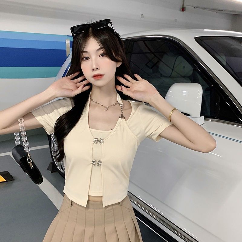 ♤♚Suhao Xiachun Yufeng Palsu Dua Potong Halter Leher Slim T-shirt Desain Irregular Pendek Chic Atasan Sedikit Gemuk MM