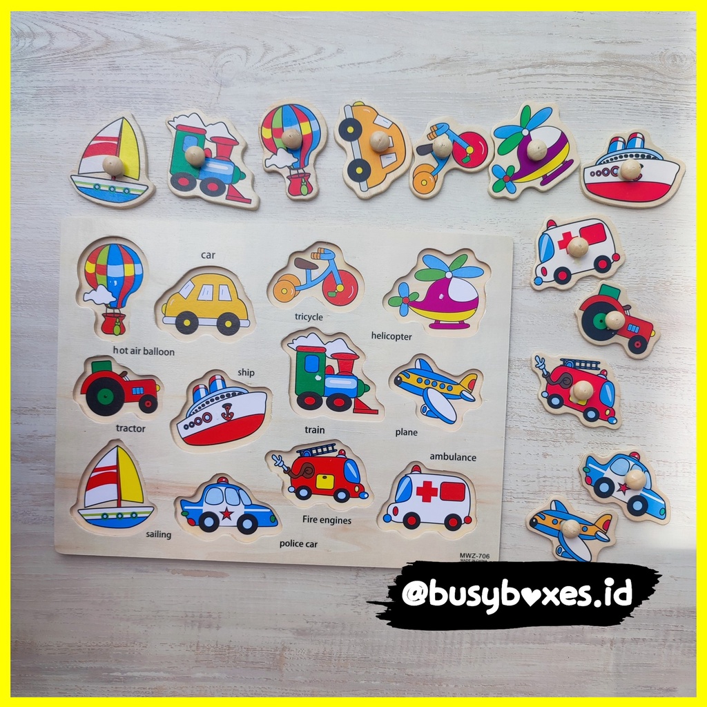 Busyboxes.id Mainan anak puzzle edukasi anak 1 2 3 tahun laki laki perempuan mainan edukasi Montessori puzzle jigsaw 3d kayu hewan binatang seri -  transportasi kendaraan mobil