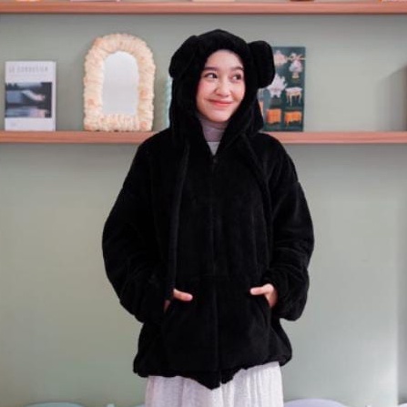 Jacket Sherpa Bear Zipper Hoodie Wanita Tudung Telinga / Jacket Bulu Cewek Viral -BY DP