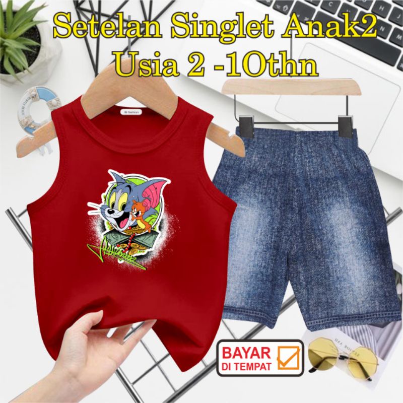 ((IB))SETELAN SINGLET ANAK SEMI JEANS/T0M&amp;JERRY DIGITAL SABLON