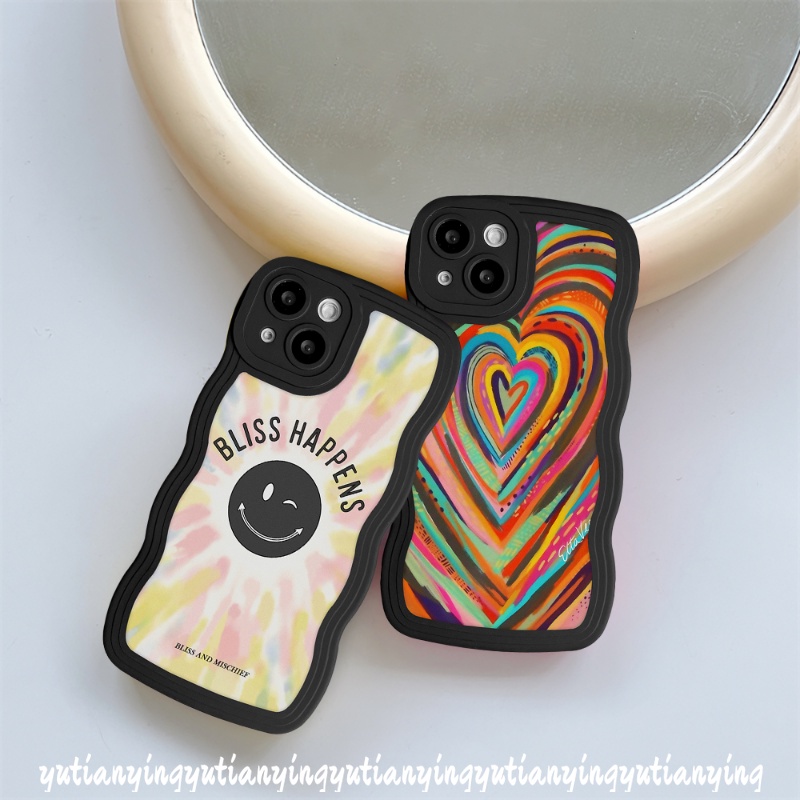 IPHONE Casing Ponsel Smiley Lucu Kompatibel Untuk Iphone11 12 14 13 Pro Max 6 6s 7 8 Plus XR 14 Plus X XS Max SE 2020 Ins Gradasi Warna-Warni Cinta Hati Pelangi Bergelombang Tepi Lembut TPU Cover