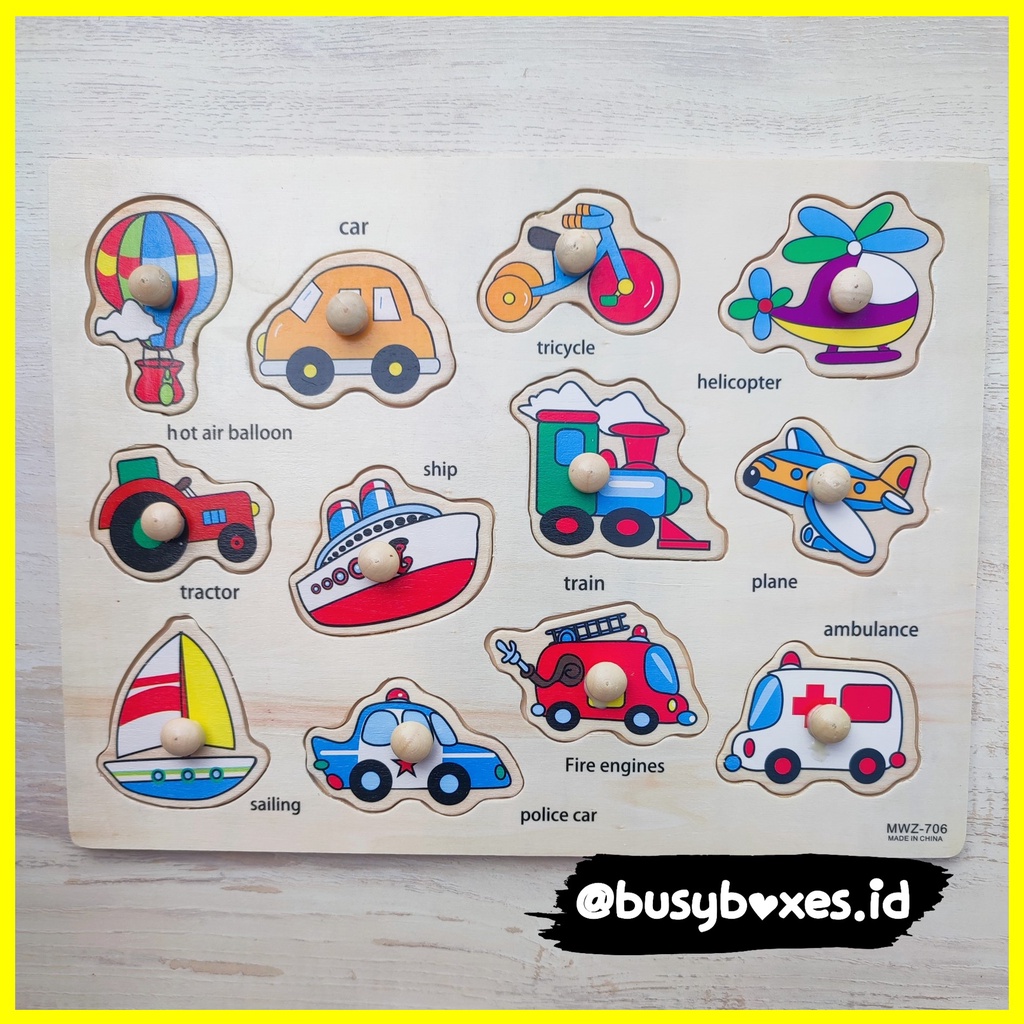 Busyboxes.id Mainan anak puzzle edukasi anak 1 2 3 tahun laki laki perempuan mainan edukasi Montessori puzzle jigsaw 3d kayu hewan binatang seri -  transportasi kendaraan mobil