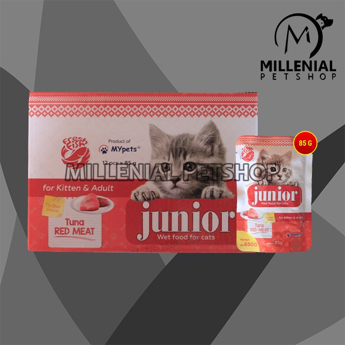 Makanan Kucing Junior Wet Food Pouch 85 Gram Grosir Dus isi 12 Pcs