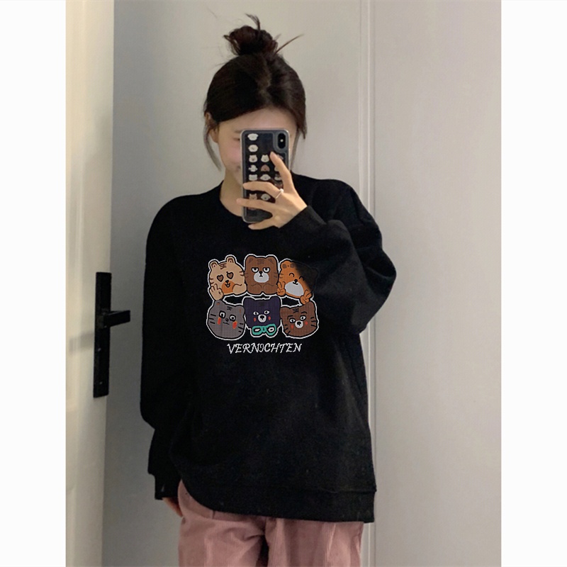 EUNII Sweater Lengan Panjang Cartoon Cats Korean Style/Hoodie Oversize/Baju Wanita/Switer Wanita