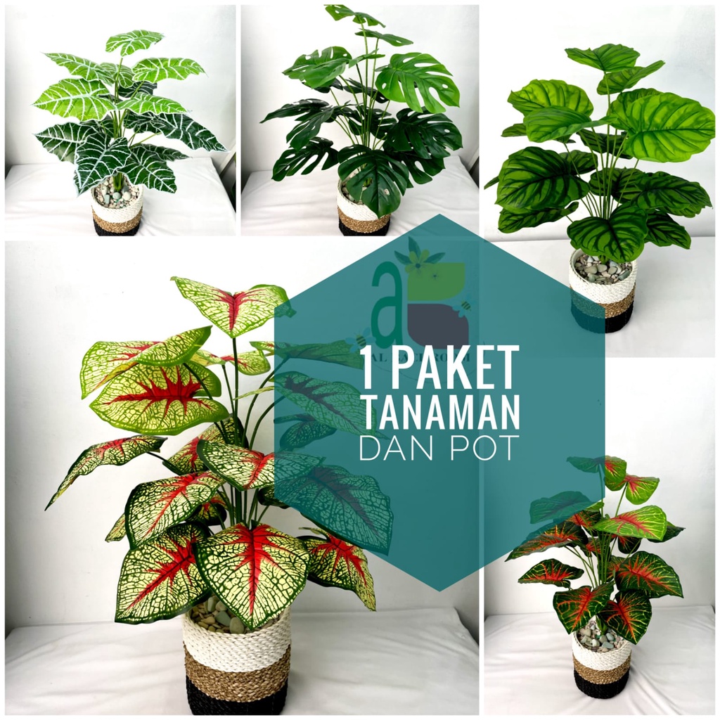 1PAKET TANAMAN ARTIFICIAL D18T60 DENGAN POT PLASTIK PIRUS 20CM RB6031 BUNGA PLASTIK DEKORASI POHON PALSU