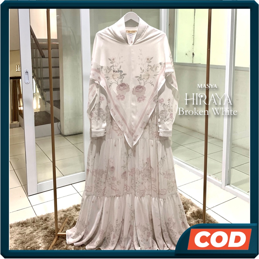 HIRAYA Set Gamis Dress Ceruty Babydoll Printing Premium Syari Putih Broken White Mewah Masya Syari O