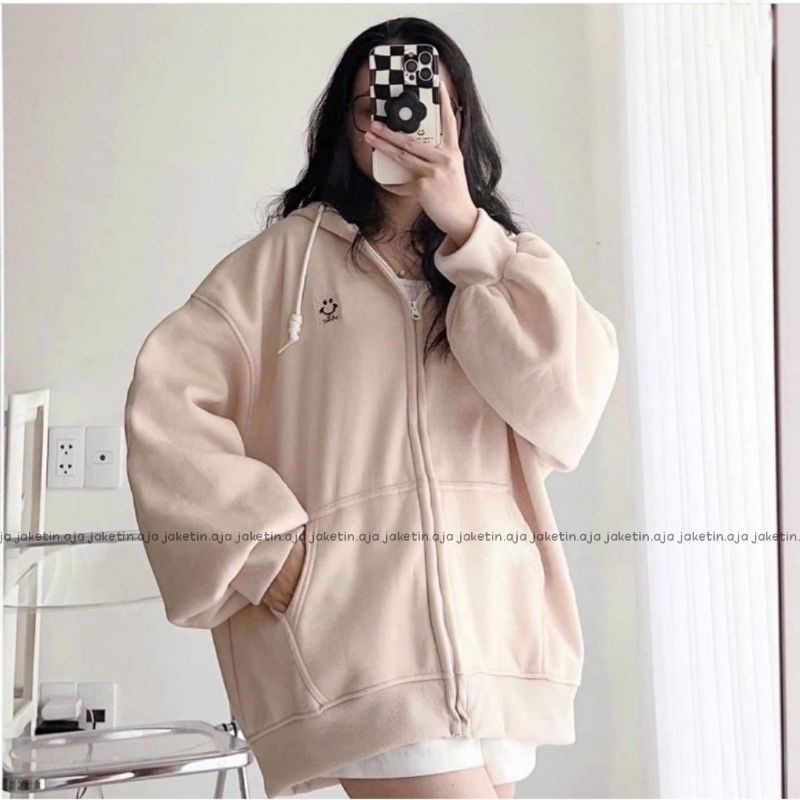 Zip Hoodie Jacket Oversized CUTE SMILE ( S - 6XL ) Jaket Jumper Boy Girl Big Size Cream Krem Korean Harajuku Style Fashion Urban Hip Hop Panda Bear Fleece Jumbo