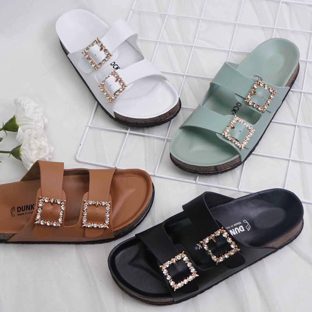 LAPEPA YUK - Dunkenstock KIMMY Sandal Wanita Slop Casual Size 36 - 40 Model Birken Dunkenstok Sol Puyuh Sara Sara Sendal Cewek Kulit Santai Strap Gesper dua Kristal Blink 37 38 39 Warna Hitam Black Selop Anti Slip Original Shoes ORI Mall Official Store