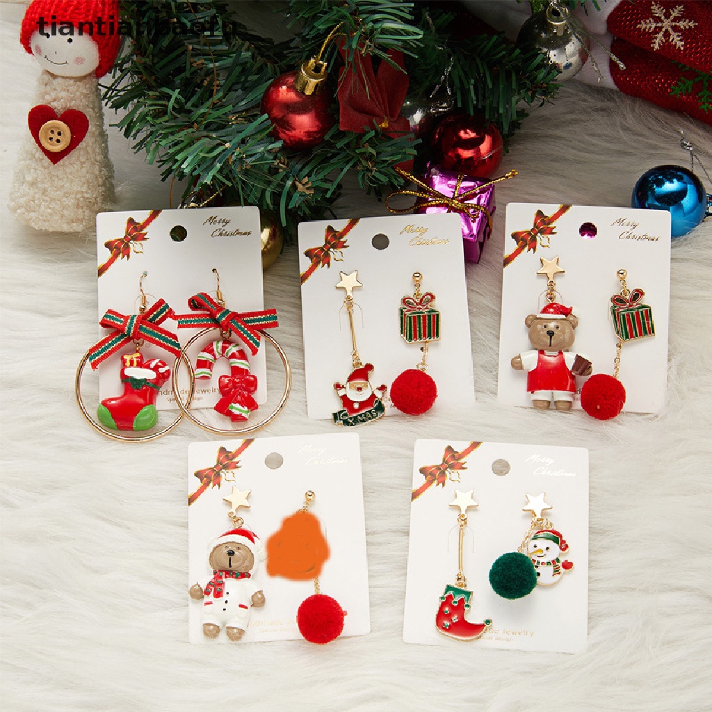 [tiantianbaofu] 1pasang Fashion Natal Stud Earrings Desain Baru Asimetris Anting-Anting Pohon Xmas Beruang Coklat Snowman Santa Claus Menjuntai Anting-Anting Perhiasan Butik