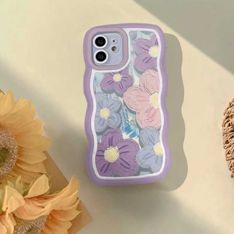 Oppo A57 2022 A17 A77S A16 A16K A15 A54 A53 A12 A5S A7 A3S A11k A31 A52 A92 A94 A93 A37 F9 A1K A76 Lukisan Cat Minyak Bunga Ungu Wave Edge TPU Phone Case Cover