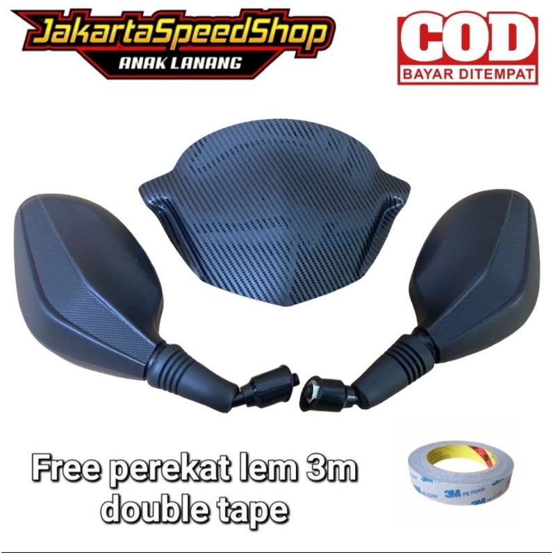 Paket visor variasi carbon beat karbu plus kaca spion click hitam polos pnp beat karbu beat new esp free perekat lem 3m