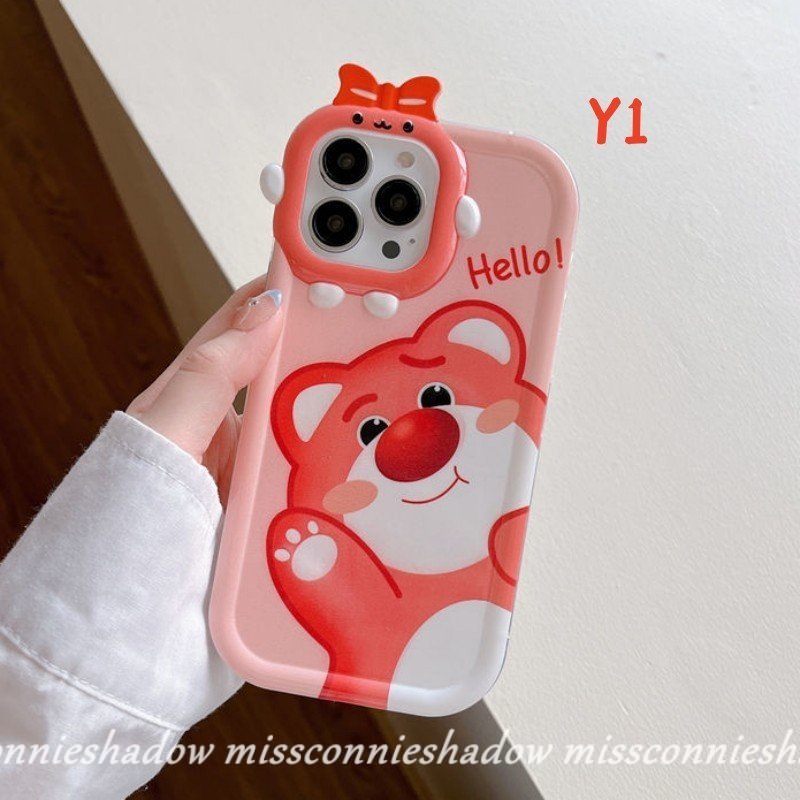 Case Compatible Untuk iPhone 11 Pro Max8 7 6s 6 Plus XR 14 13 12 Pro Max14 Plus X XS Max SE 2020 Kartun Sweet Strawberry Bear Manyo Cute 3D Bow-knot Little Monster Lens Soft Cover