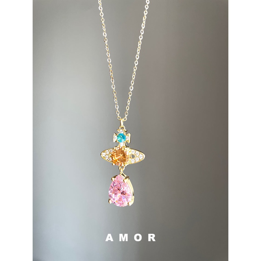 Vivienne westwood Pendant Empress Dowager Set Berlian Planet Kalung Pink Rantai Kerah Saturnus