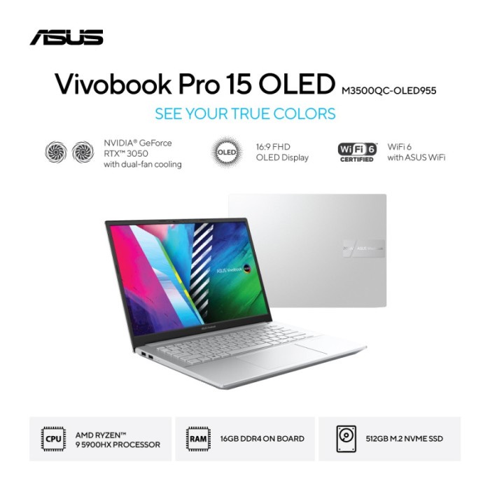 Laptop Asus VivoBook Pro 15 M3500QC RTX3050 4GB RYZEN 9 5900HX RAM 16GB 512GB SSD OHS 15.6FHD W11