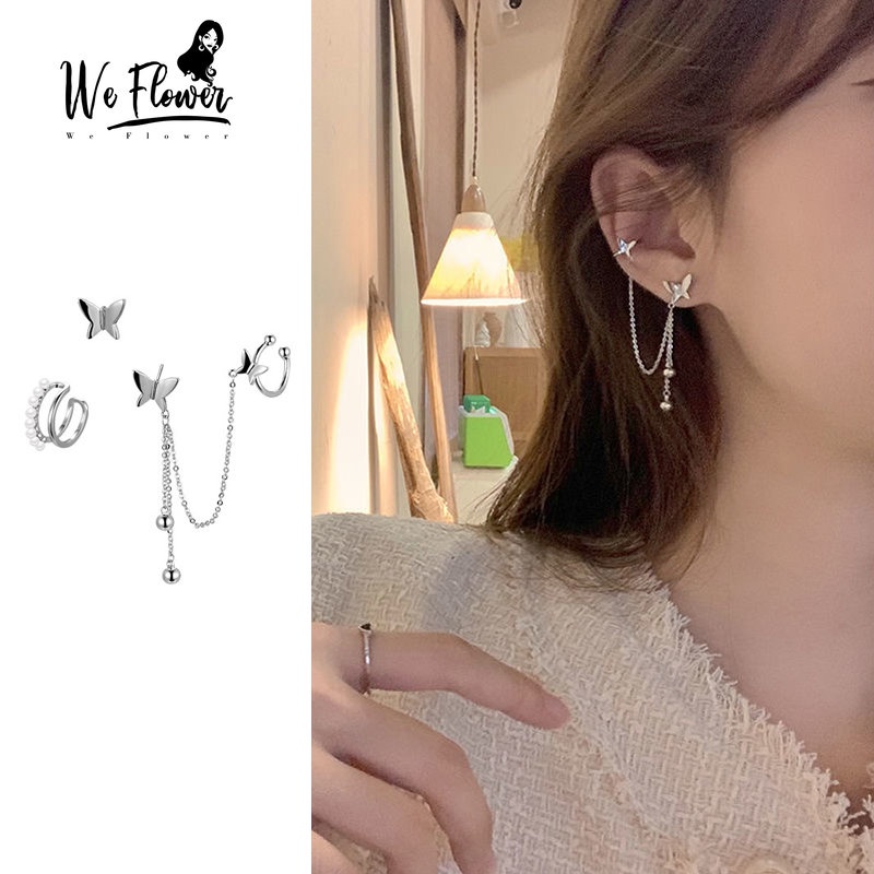 We Flower 3PCs Elegan s925 Silver Rumbai Rantai Kupu-Kupu Klip Anting Untuk Wanita Perempuan Chic Non Piercing Cuff Earring Perhiasan Tulang Telinga