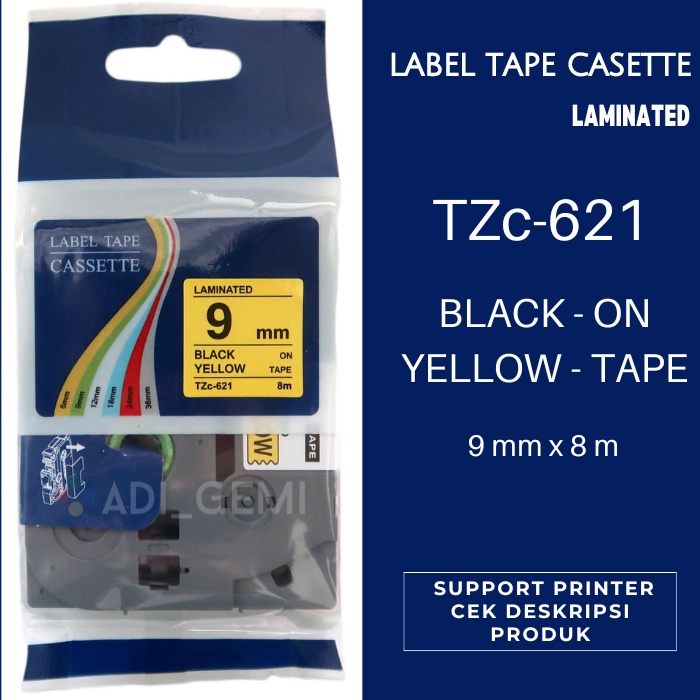 

Compatible Label Tape Brother TZc-621 - Black On Yellow 9mm