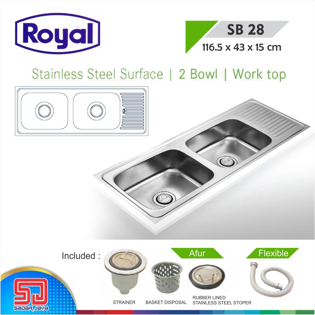 Royal Kitchen Sink SB 28 Wastafel Dapur Bak Cuci Piring 2 Bowl Sayap SB28 Work Top