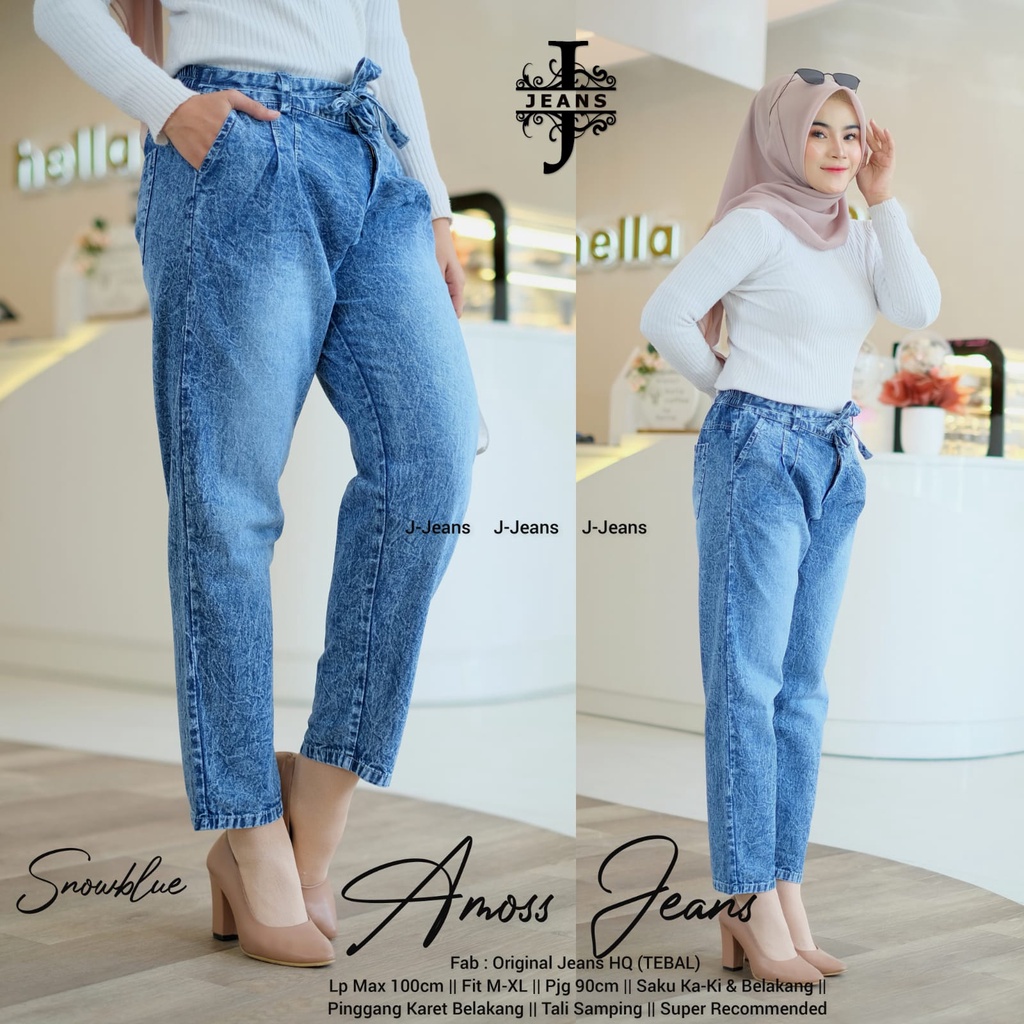 Amoss Celana Panjang Wanita Jeans Tebal Pinggang Karet LP 80 90 100 Saku Kanan Kiri Terbaru Kekinian