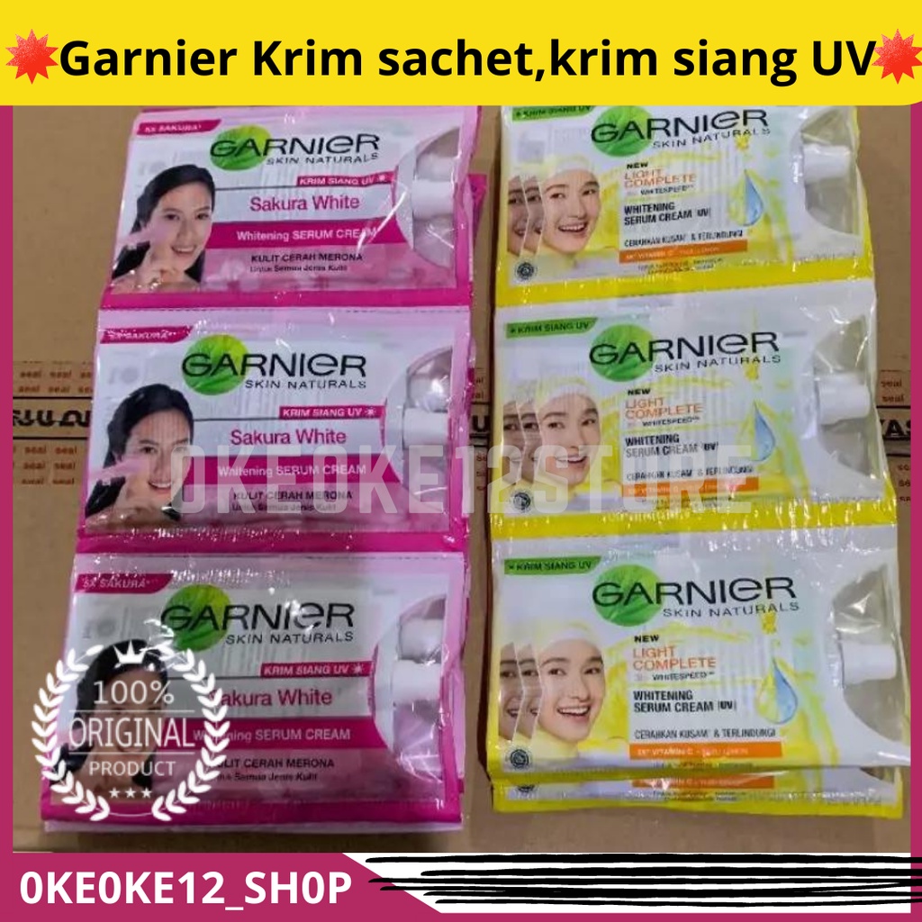 Garnier Sachet bright Complete Cream &amp; Sakura Glow Day Cream 7ml (1 Renceng isi 12sachet)