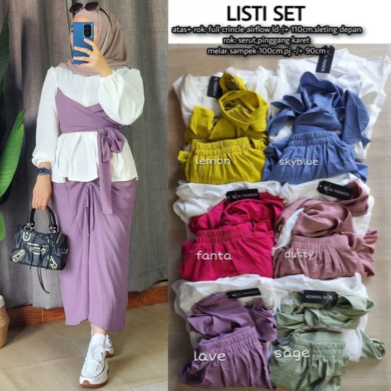 Baju Wanita Setelan Kekinian Listy Set Matt Crinkle AirFlow Setelan Jumbo One Set Rok Wanita Korean Style