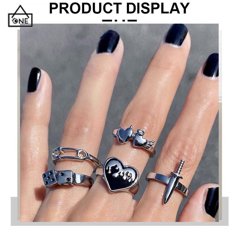 COD❤️Domingo Ring Alloy peniti dadu love pedang retro silver cincin wanita fashion korea 5 set-A.one