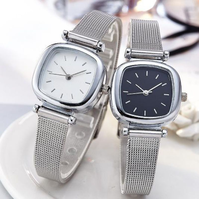 (Cod)Jam Tangan Wanita Fashion Geneva Kota Polos Strap Rantai Pasir Stell(Dikirim Jakarta)