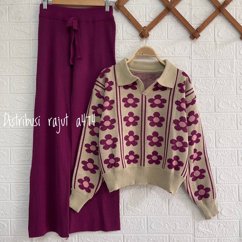 ONESET SWEATER AGNES MOTIF BUNGA SETELAN CELANA KULOT RAJUT