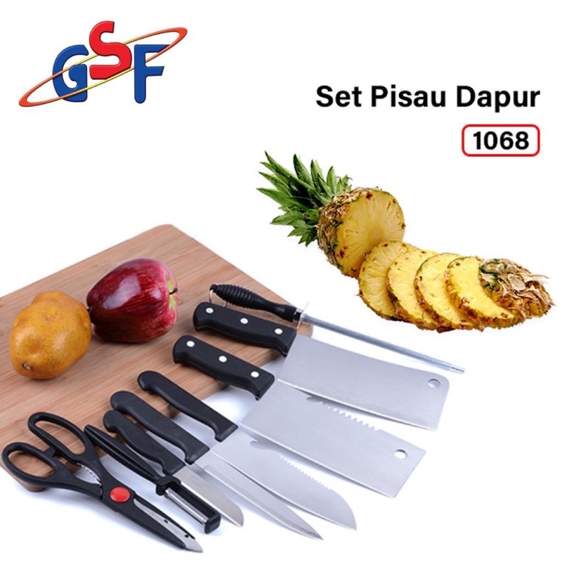 Pisau Dapur Set Pisau Daging 8pcs Stainless Steel Gunting Pisau Set Viral Serbaguna Knife Set GSF 1068