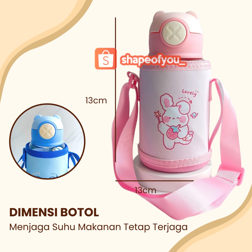 Botol Minum Anak Pouch Botol Anak Sedotan Tali Panjang 600ml Premium Bear Bottle Pink Biru