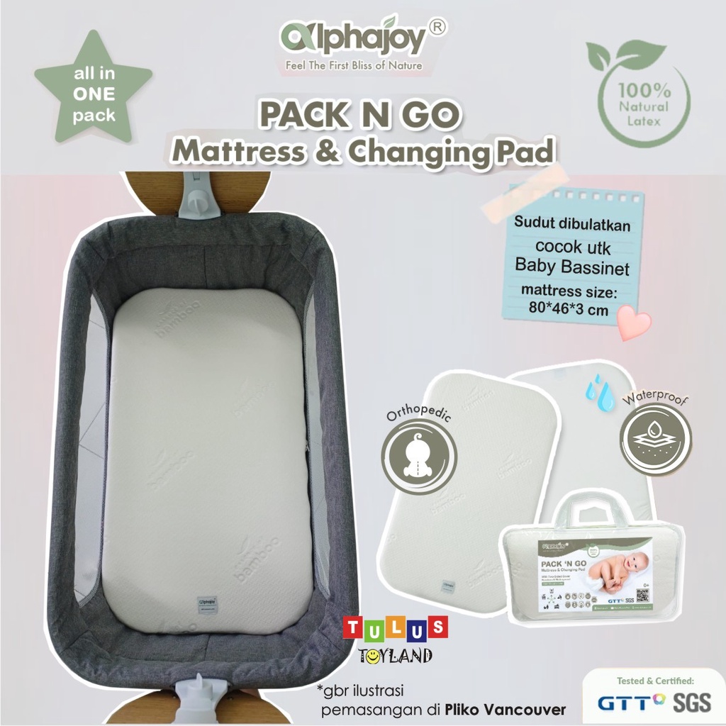 Alphajoy PACK N GO Mattress Changing Pad Latex Waterproof Alas ompol kasur tidur bayi fit to Pliko Vancouver Babyelle Novelty Babydoes Jiraff busa natural lateks bamboo bassinet matras traveling baby