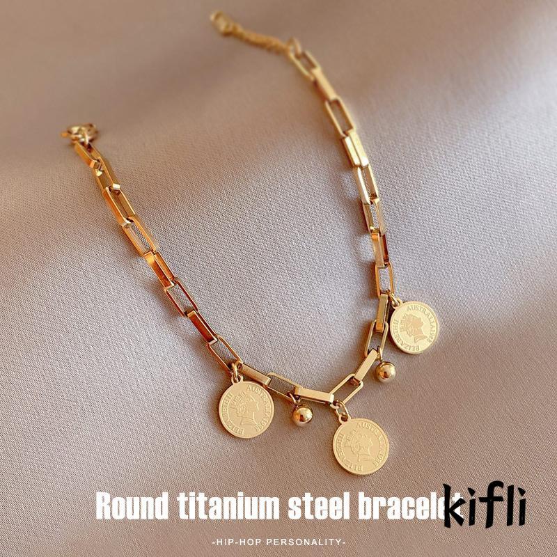 [KD] Gelang Rantai Bahan Titanium Steel Bentuk Bulat Warna Emas Gaya Hip hop Untuk Pria Dan Wanita