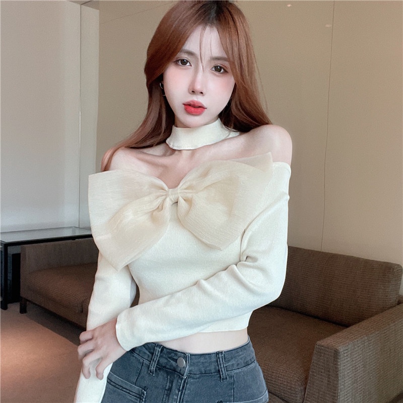 ♟Suhao satu-shoulder ikatan simpul halter leher sweater wanita musim gugur off-the-shoulder lengan panjang babes slim fit pendek bottoming top