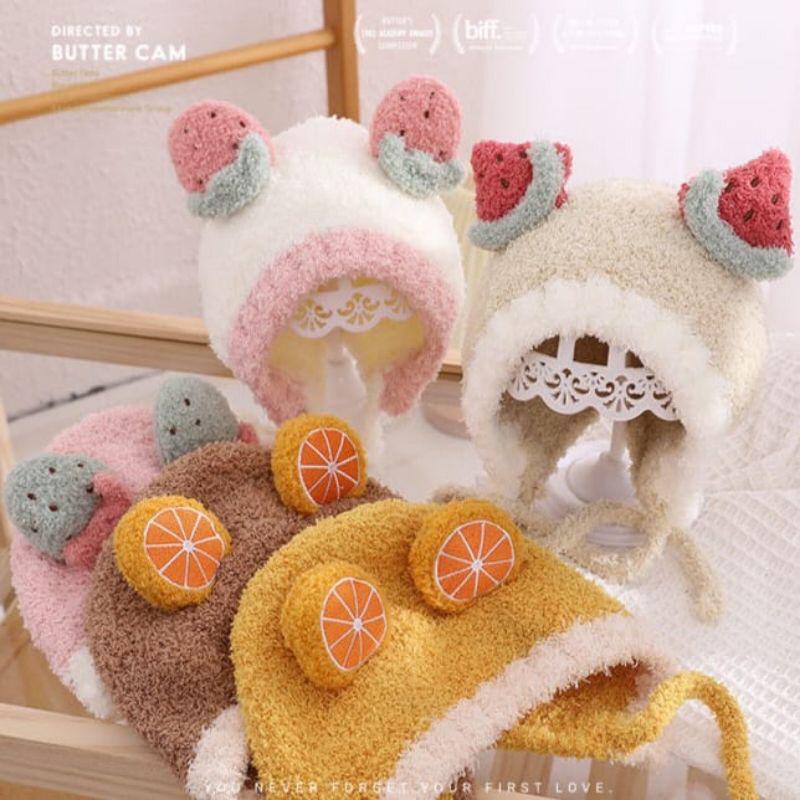 TOPI KUPLUK RAJUT FLEECE HANGAT KUPLUK POM BUAH BULU BAYI IMPORT