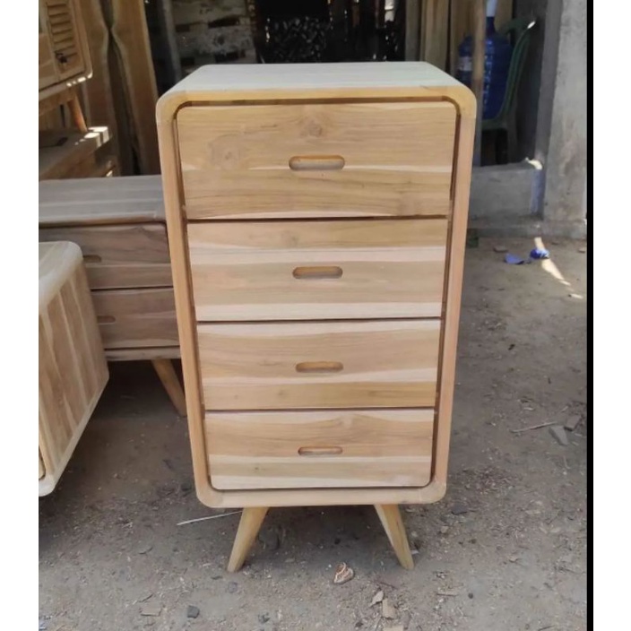 NAKAS RETRO MINIMALIS KAYU JATI 4 LACI NON FINISHING