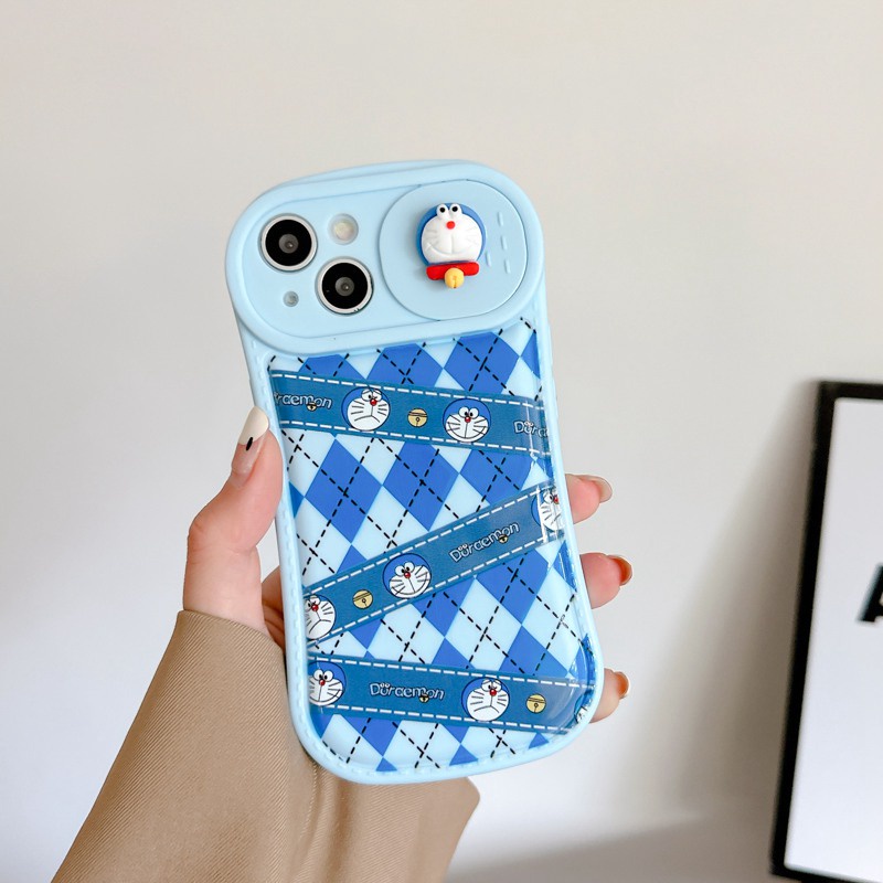 Lovely Doraemon Doll Push The Window Cover Soft Case iP iPhone 11 12 13 14 Pro Max Blue Casing Apple