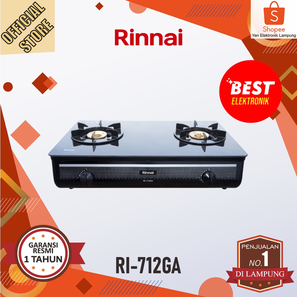 Kompor Gas RINNAI 712 GA Kompor 2 Tungku Body Kaca Schott Garansi Resmi RINNAI 1 Tahun