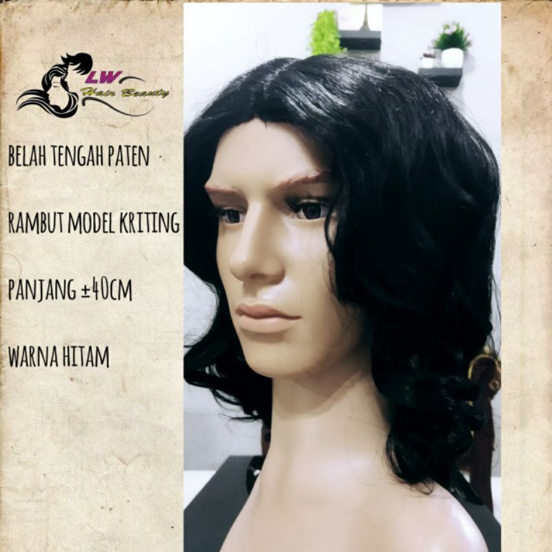 Wig Pria Panjang Keriting Belah Tengah
