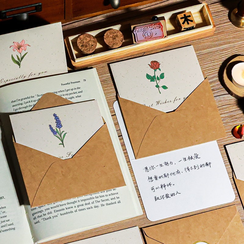 6pcs Set Kartu Hadiah Seri Bunga Retro Ringkas Vintage Foldable Wish Card