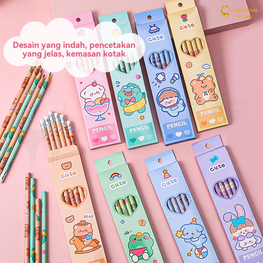 6PCS pensil tulis motif lucu pensil sekolah set HB