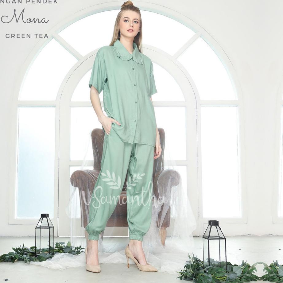Sale vSamantha - Piyama One Set Rayon Polos Jogger Mona Lengan Pendek
