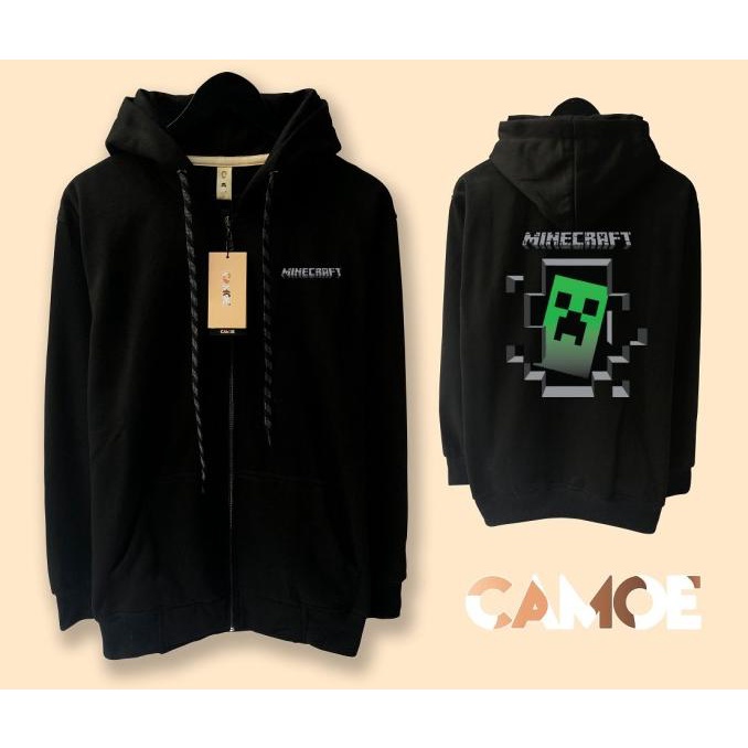 Jacket Minecraft Creeper Hole 3D Sweater Hoodie Pria Bahan Fleece Sablon Polyflex Zipper Resleting D