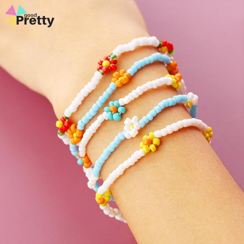 Anyaman gelang kaki manik-manik beras warna-warni Gaya pantai Bohemian daisy gelang kaki wanita - PD