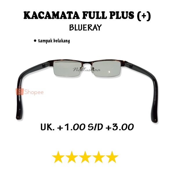 KACAMATA BACA (+) Uk. +1.00 s/d +3.00 Lensa Blueray Transparan Model Semi Rimless Hitam Unisex NOCASE